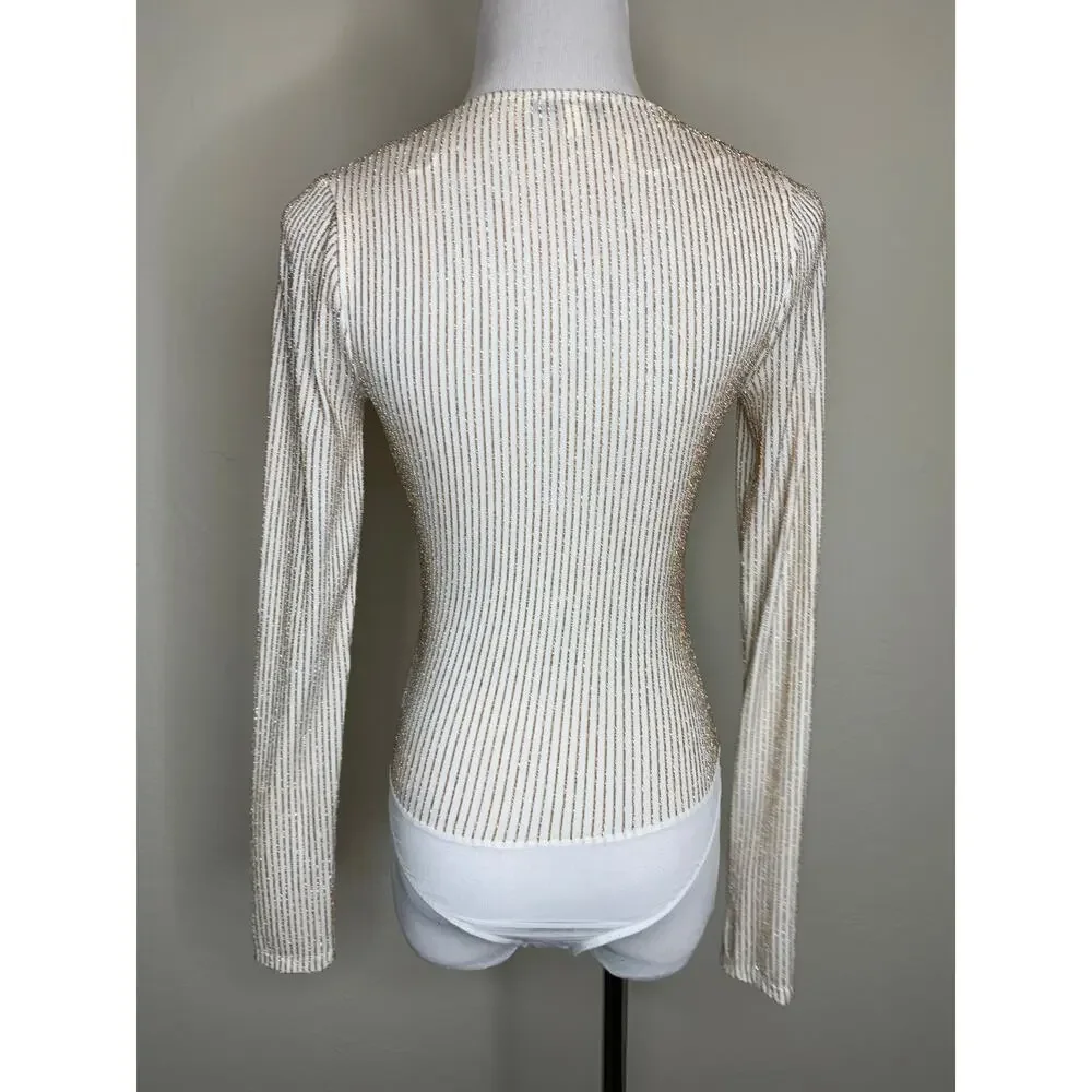 Francesca's Cream Gold Bodysuit Twist Bust Sz XS Coquette Glam - Picture 2 of 9